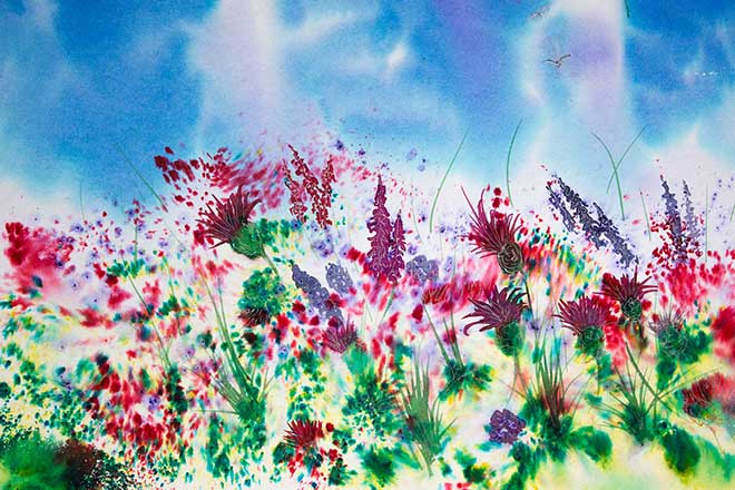 Thistles and Foxgloves Brusho painting, Landscape and mountain art