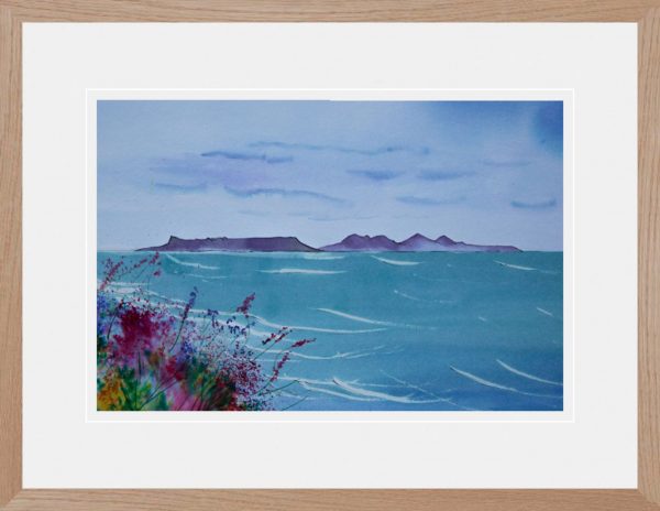 Framed original Brusho painting of Rum and Eigg from Camasdarach beach