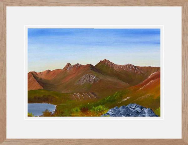 Langdale Pikes ramed in oak effect frame, original oil painting of Lake District