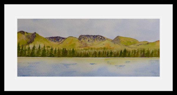 Cairngorms across Loch Morlich, original watercolour painting of Scottish Highlands Mountains