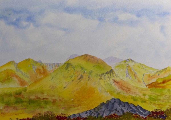 The Southern Cairngorms across the Lairig Ghru, Ben Macdui, Cairntoul, Braeriach and Derry Cairngorm original painting for sale