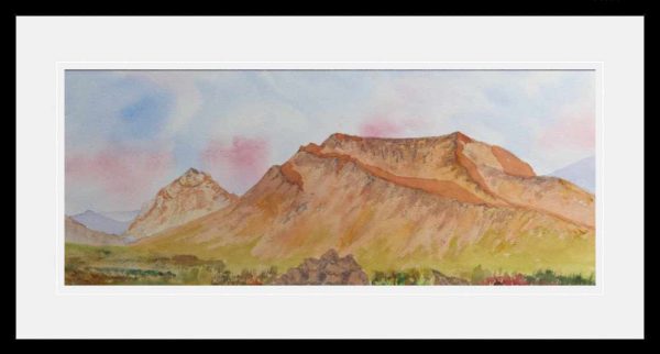 Beinn Eighe and Liathach watercolour panoramic painting framed in black for sale