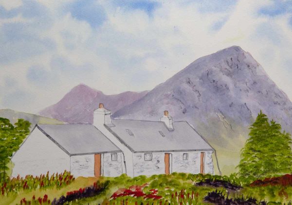 Blackrock Cottage. Glancoe, with Buachaille Etive Mor original watercolour painting for sale
